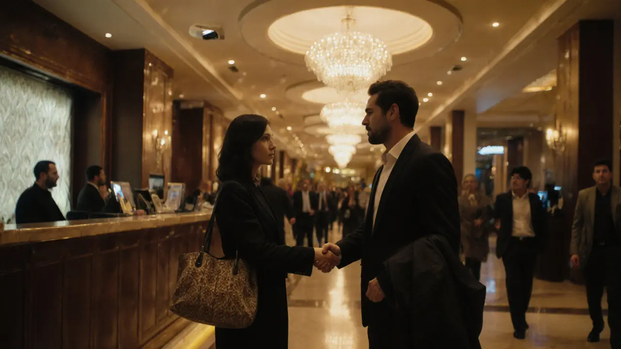 A man and woman meeting for the first time in a busy Dubai hotel lobby, emphasizing safety and public space.