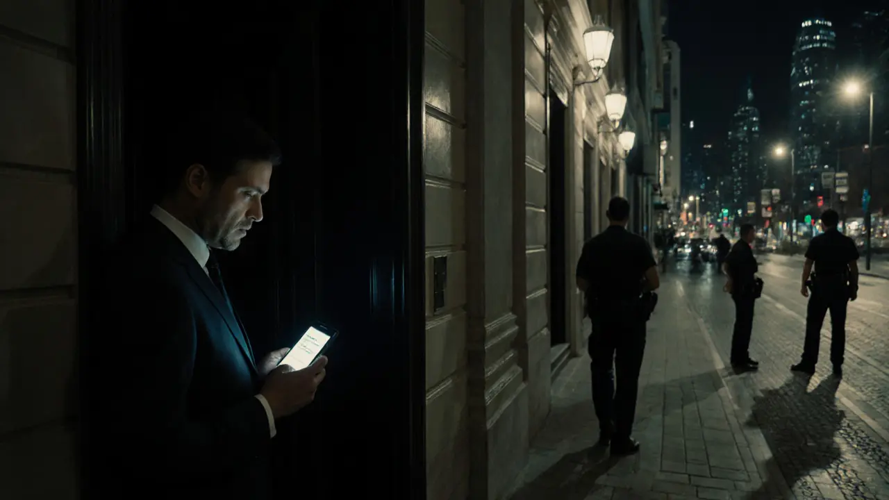 A man hesitates in a Dubai alley at night, unaware he&#039;s being watched by plainclothes officers.