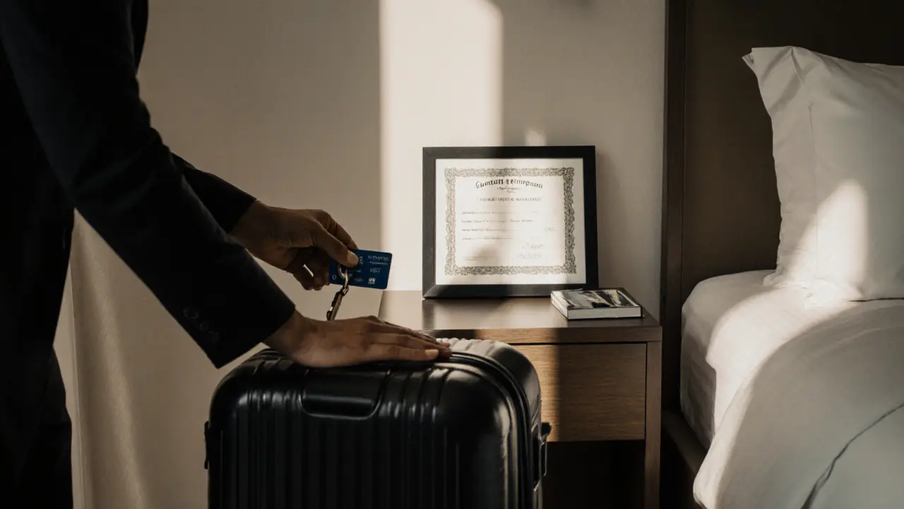 A married couple in a Dubai hotel room, marriage certificate visible on bedside table.