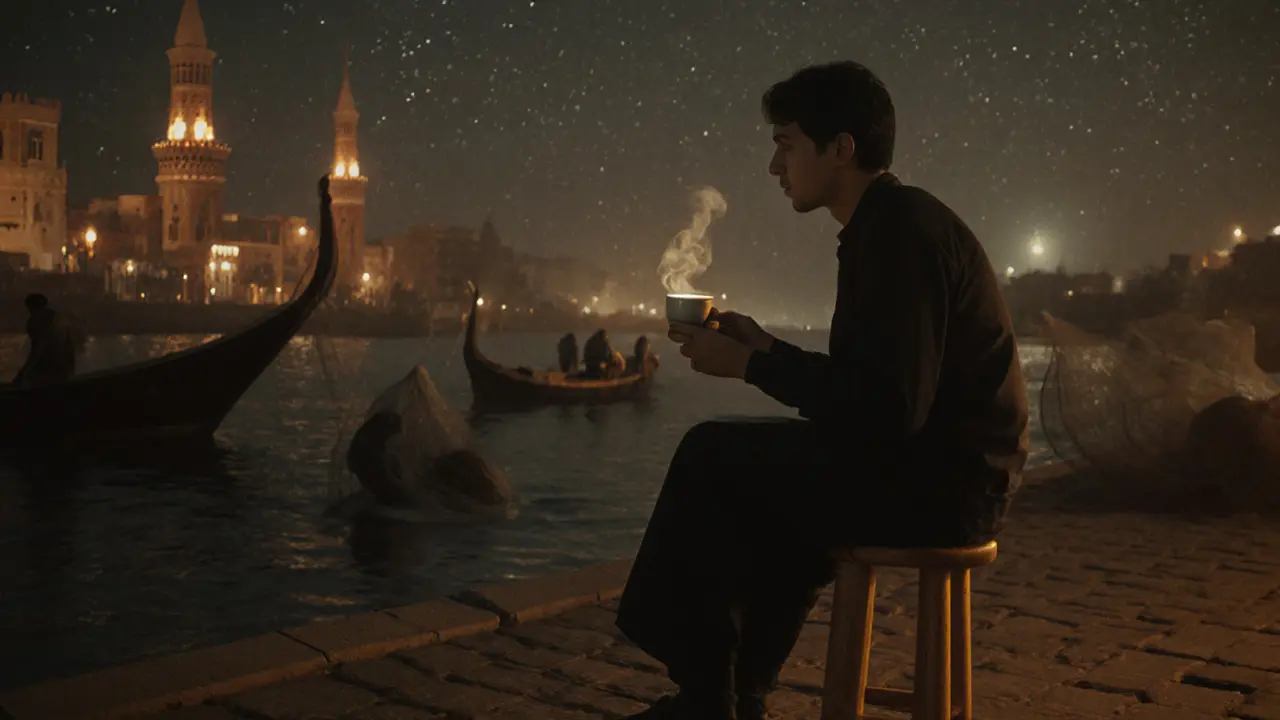 A person sitting by a creek at night with lantern-lit wind towers and a boat drifting in the distance.