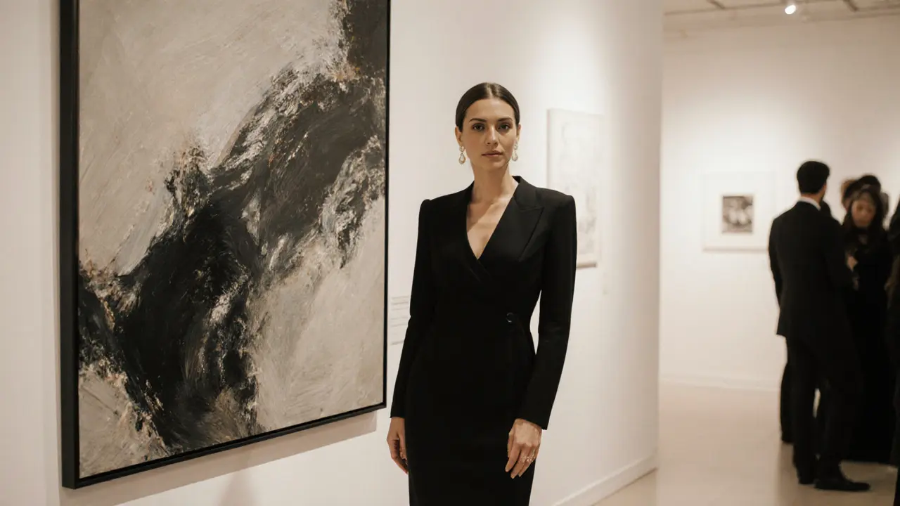 A refined woman in a black dress standing gracefully before an abstract painting in a quiet art gallery.