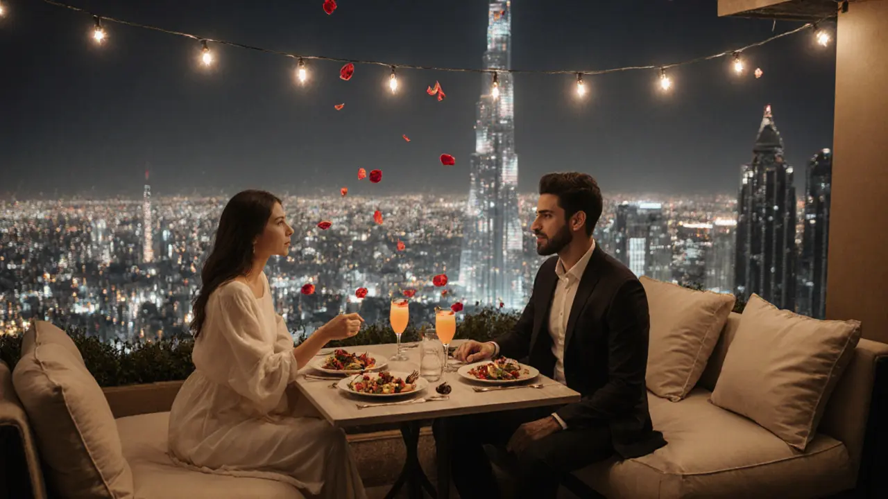 A romantic rooftop dinner with a view of the Burj Khalifa&#039;s light show and rose petals on the table.