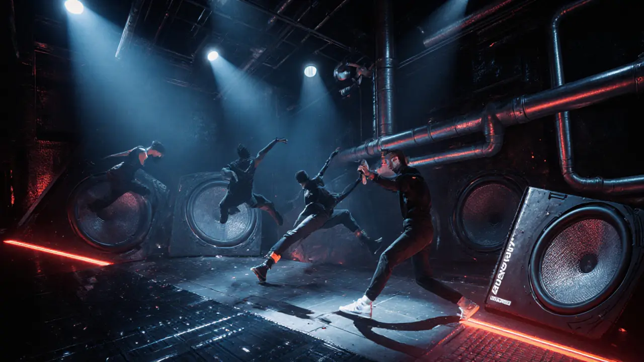 A tilting dancefloor with dancers caught mid-motion under industrial strobe lights.