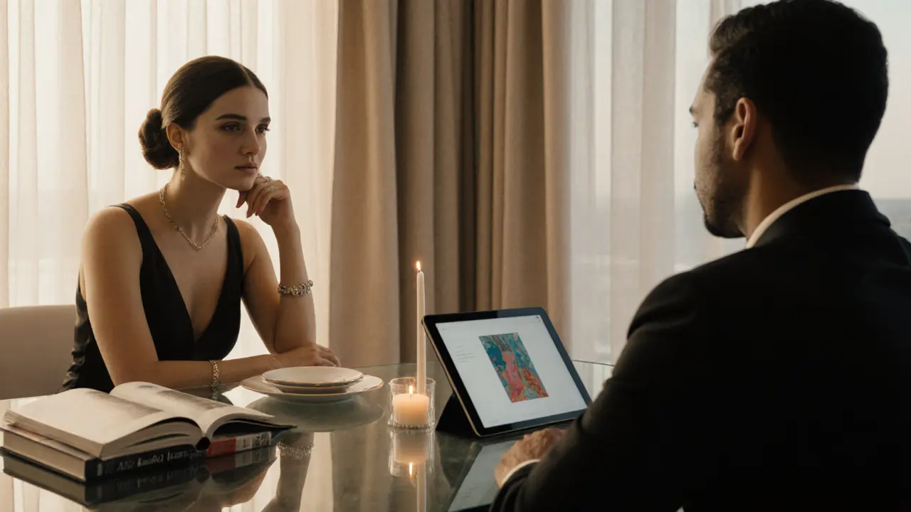 A woman and man engage in thoughtful conversation over dinner in a luxurious Dubai villa.