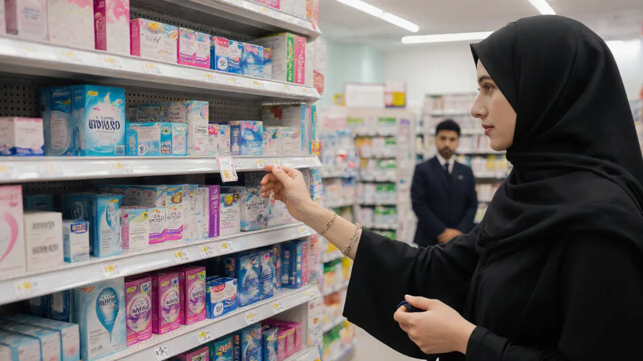 A woman buying condoms at a Dubai pharmacy, discreet and clinical setting.