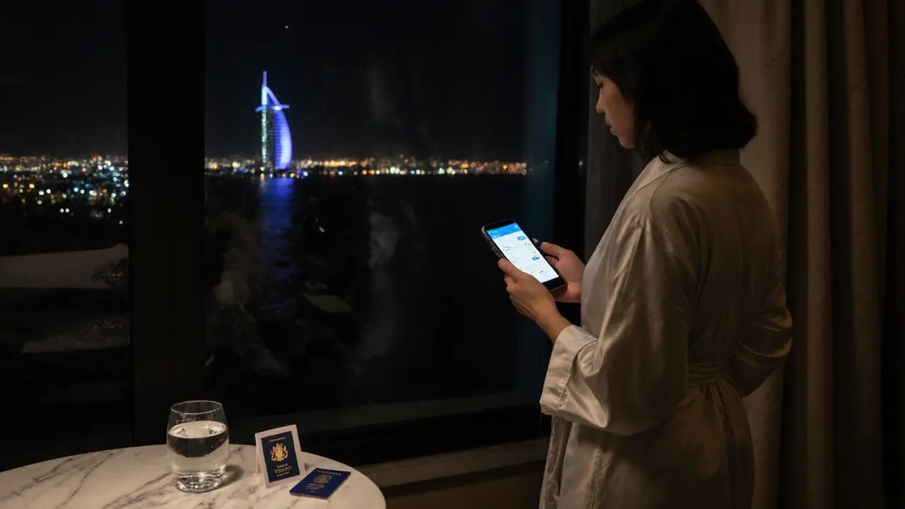 A woman in a hotel room, viewing encrypted messages, with passport and keycard on the table.