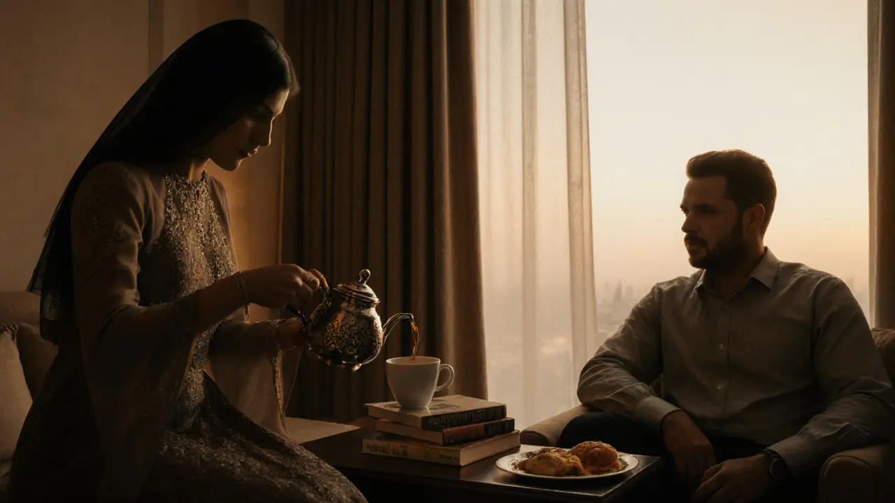 A woman serving Arabic coffee in a luxurious hotel suite, books and baklava nearby.