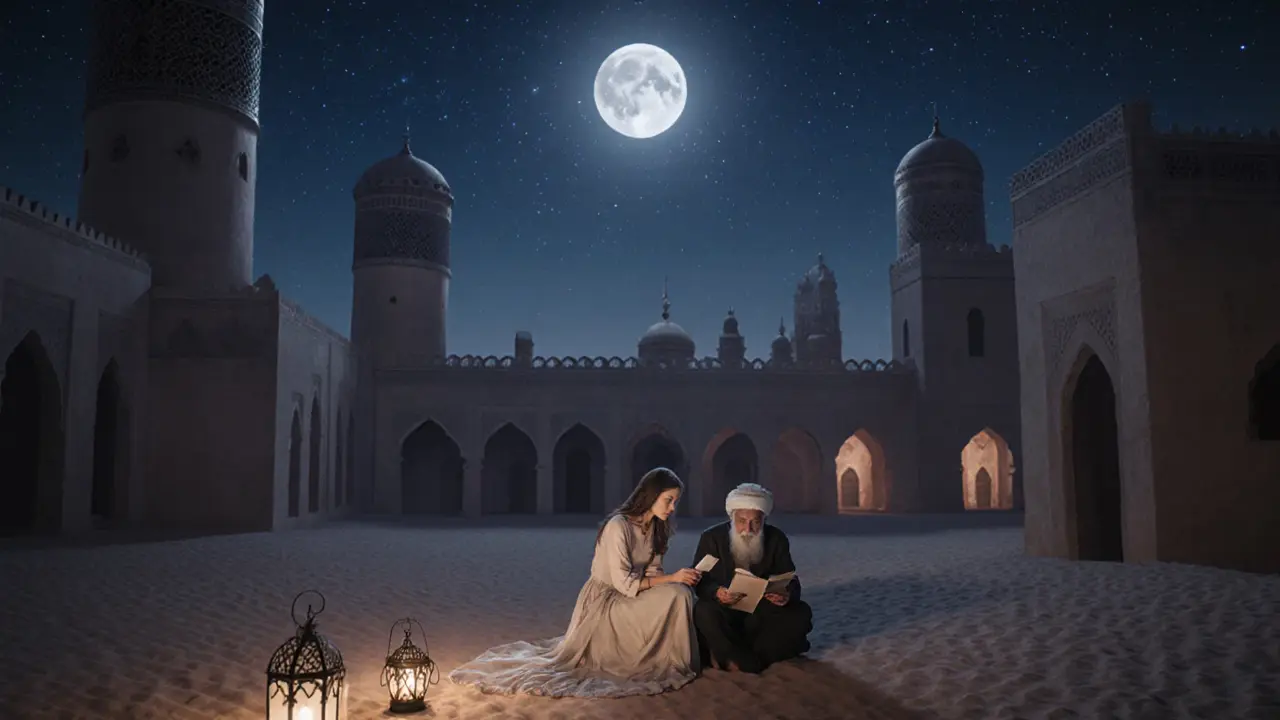 A woman translating poetry for a client under stars in a traditional Dubai courtyard.