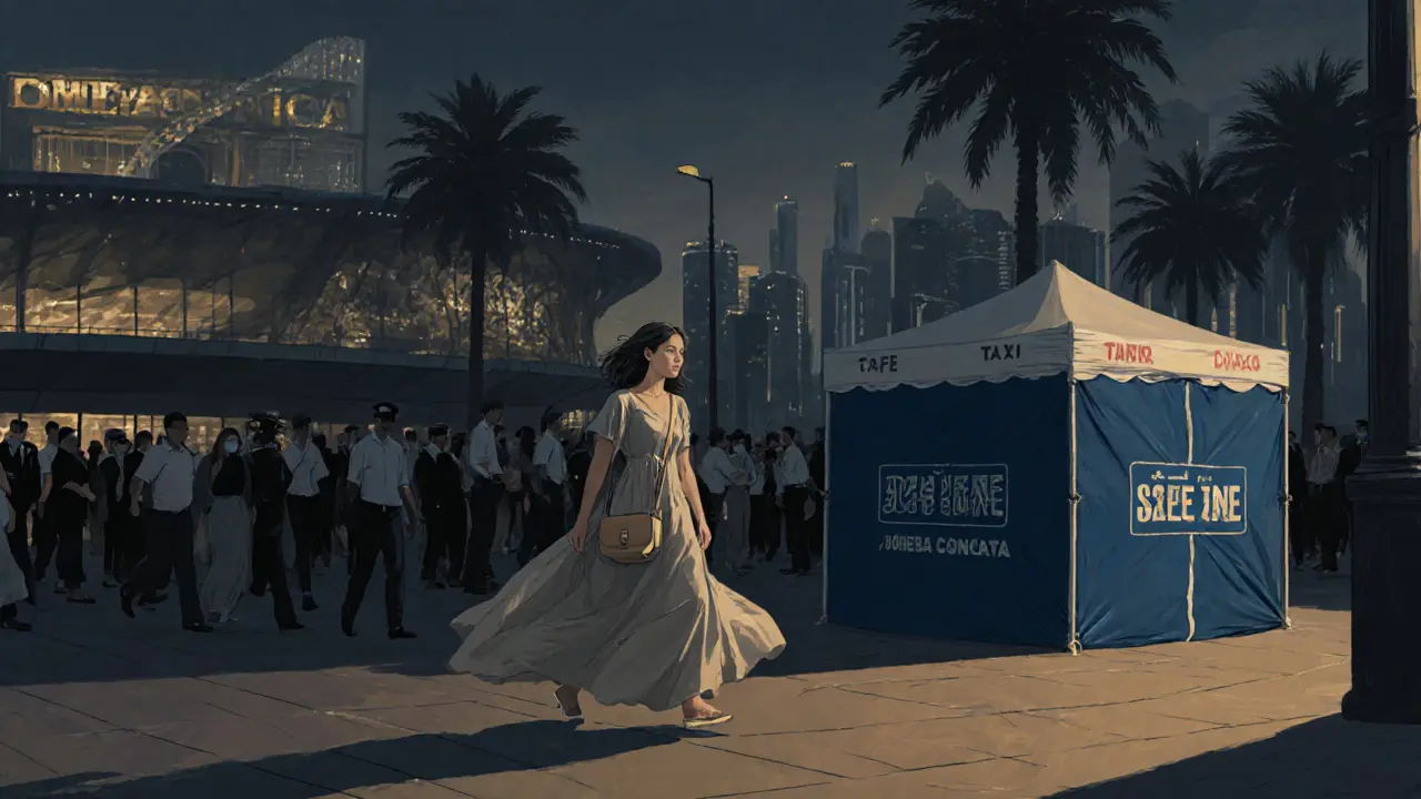 A woman walking confidently away from a concert venue in Dubai, with a safe zone tent visible in the distance under soft ambient lighting.