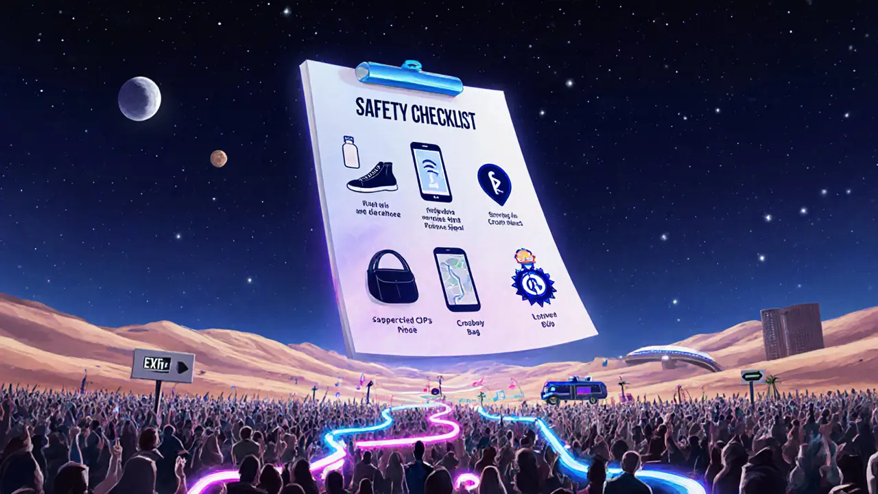 Abstract safety icons floating above a concert landscape, transforming musical notes into safe pathways under a starry Dubai sky.