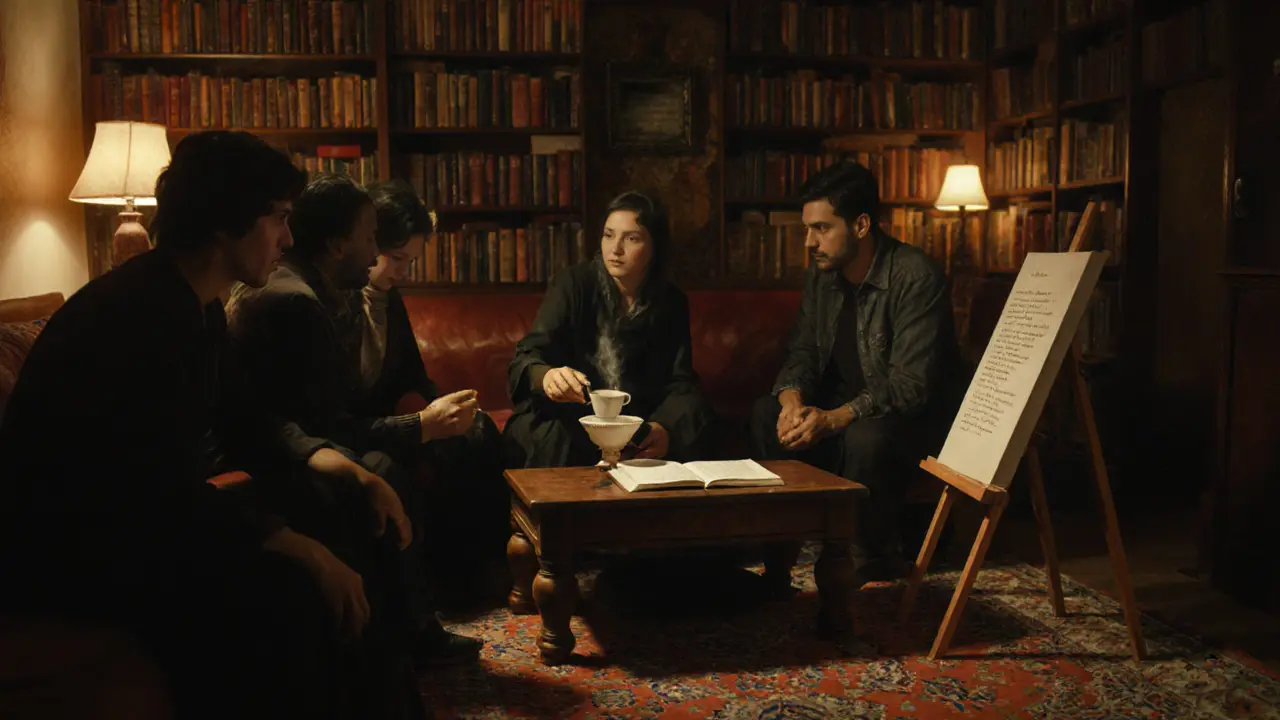 An intimate book-filled salon with people sitting in silent contemplation, a teacup being passed, and a painting on an easel.