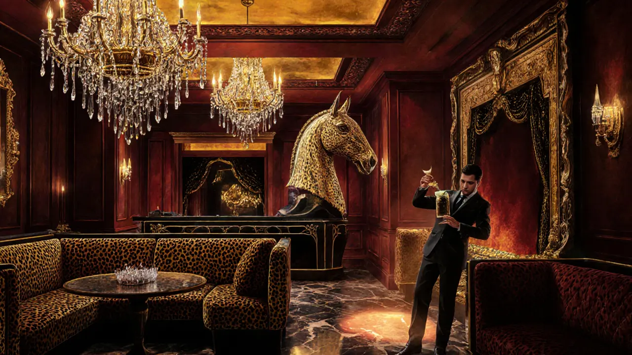 An opulent club with gold chandeliers, leopard-print sofas, and a horse-head DJ booth.