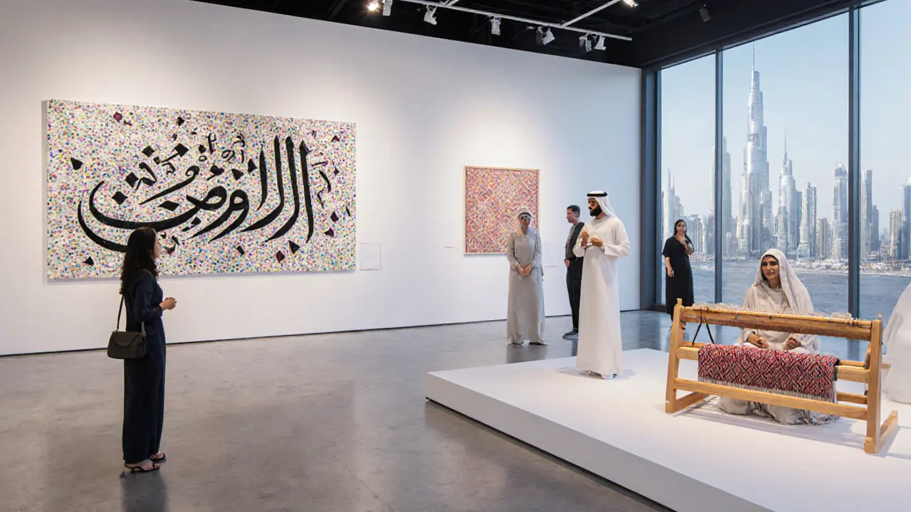 Artists and visitors in a gallery space admiring traditional Emirati weaving and modern mixed-media art.