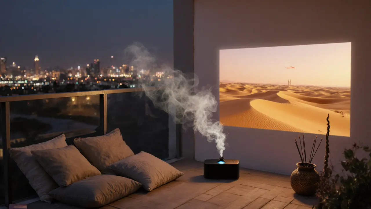 Balcony turned desert lounge in Dubai with cushions, incense smoke, and a projector showing golden dunes at sunset.