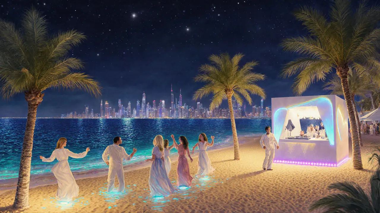 Beach club at midnight with glowing sand, elegant guests dancing under palm trees and neon lights.