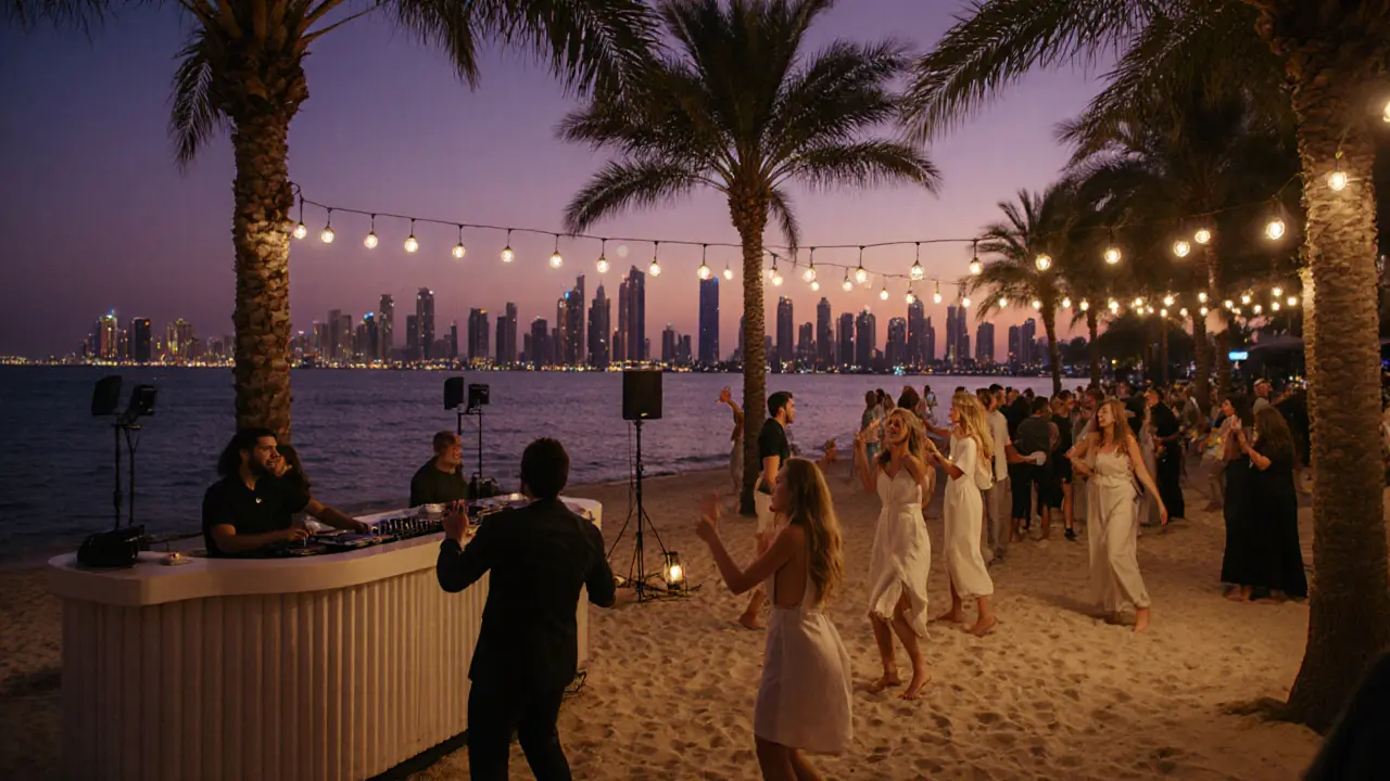 Beachside nightclub at dusk with people dancing on sand as the sun sets over the ocean.