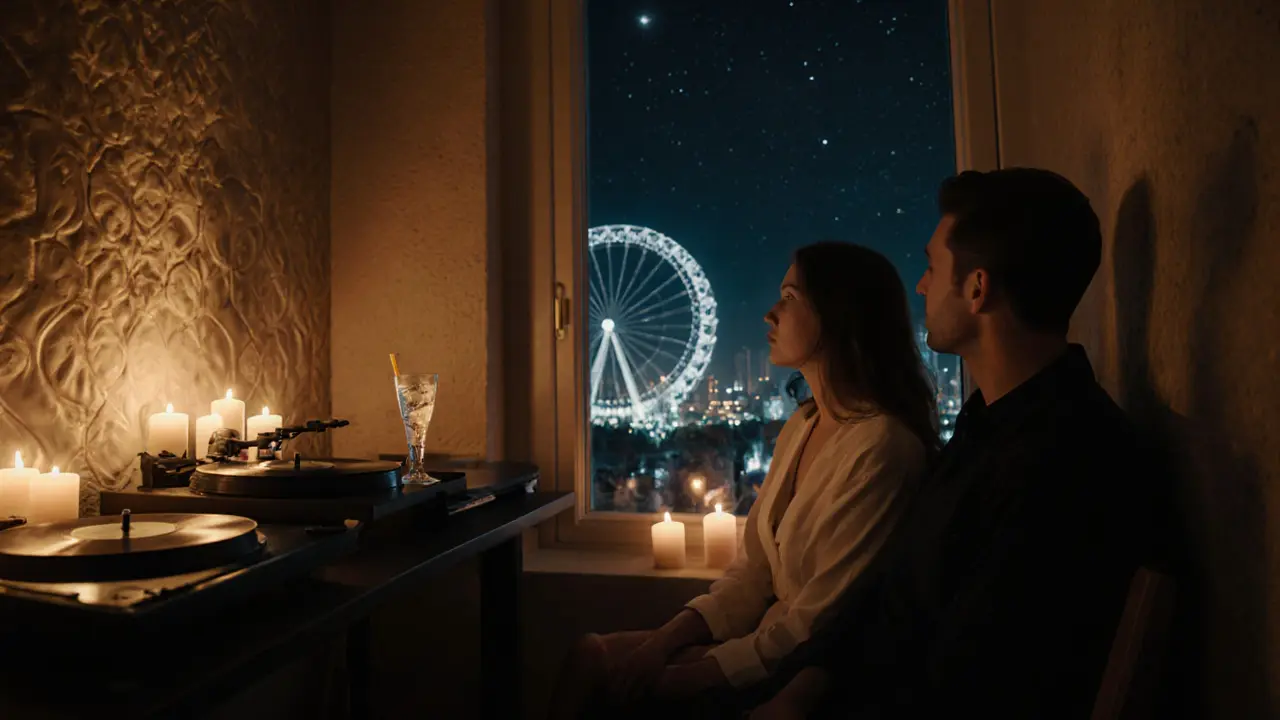 Candlelit lounge at night with vinyl records playing, couple looking out at the Ain Dubai wheel under starry skies.