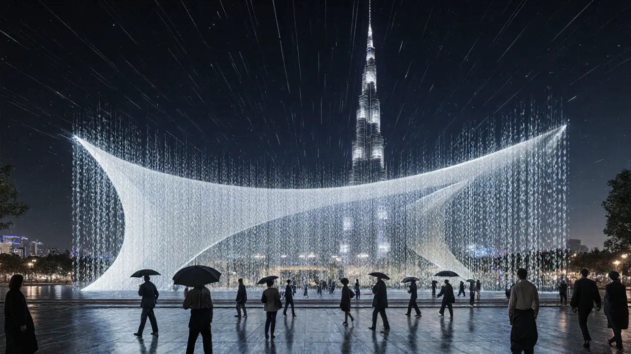 Cascading digital raindrops projected onto the Museum of the Future’s curved facade at night, people walking below.