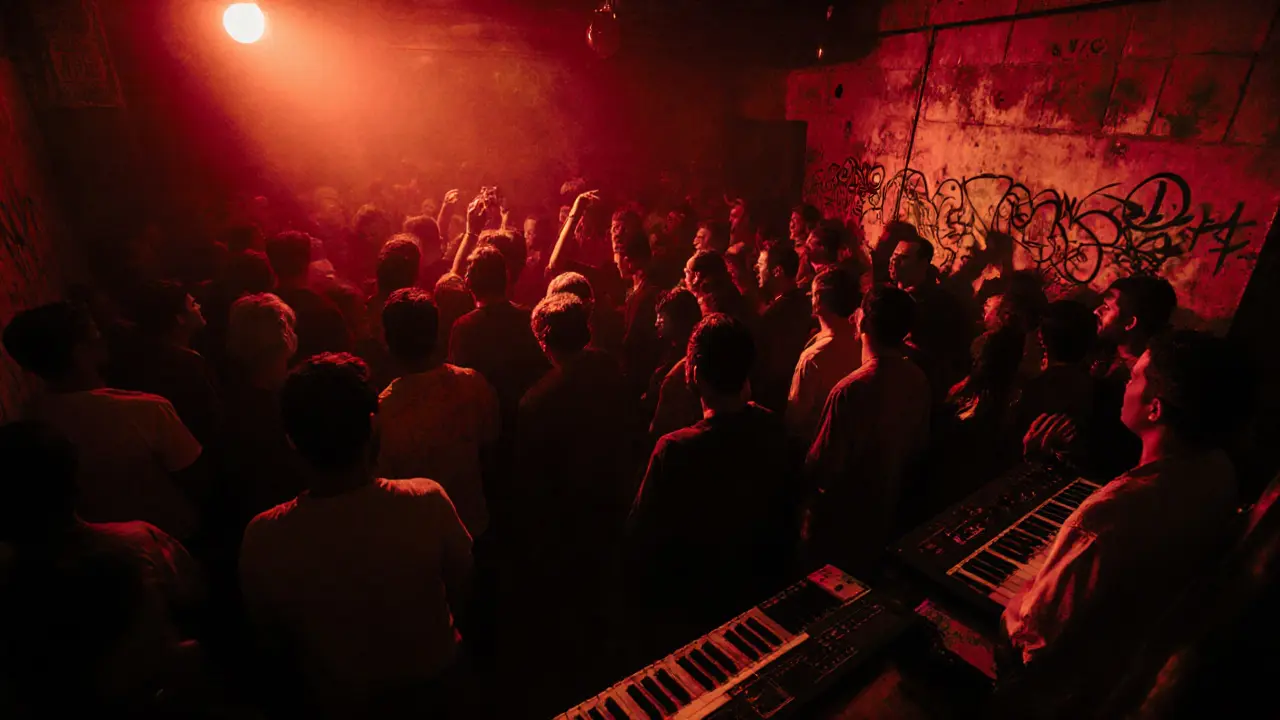 Crowd enjoying an underground techno party in a warehouse with graffiti walls