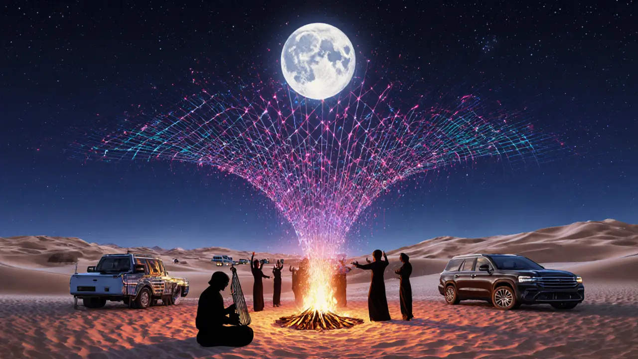 Dancers around a bonfire in the desert at night, with sound waves blending traditional and electronic music under a full moon.