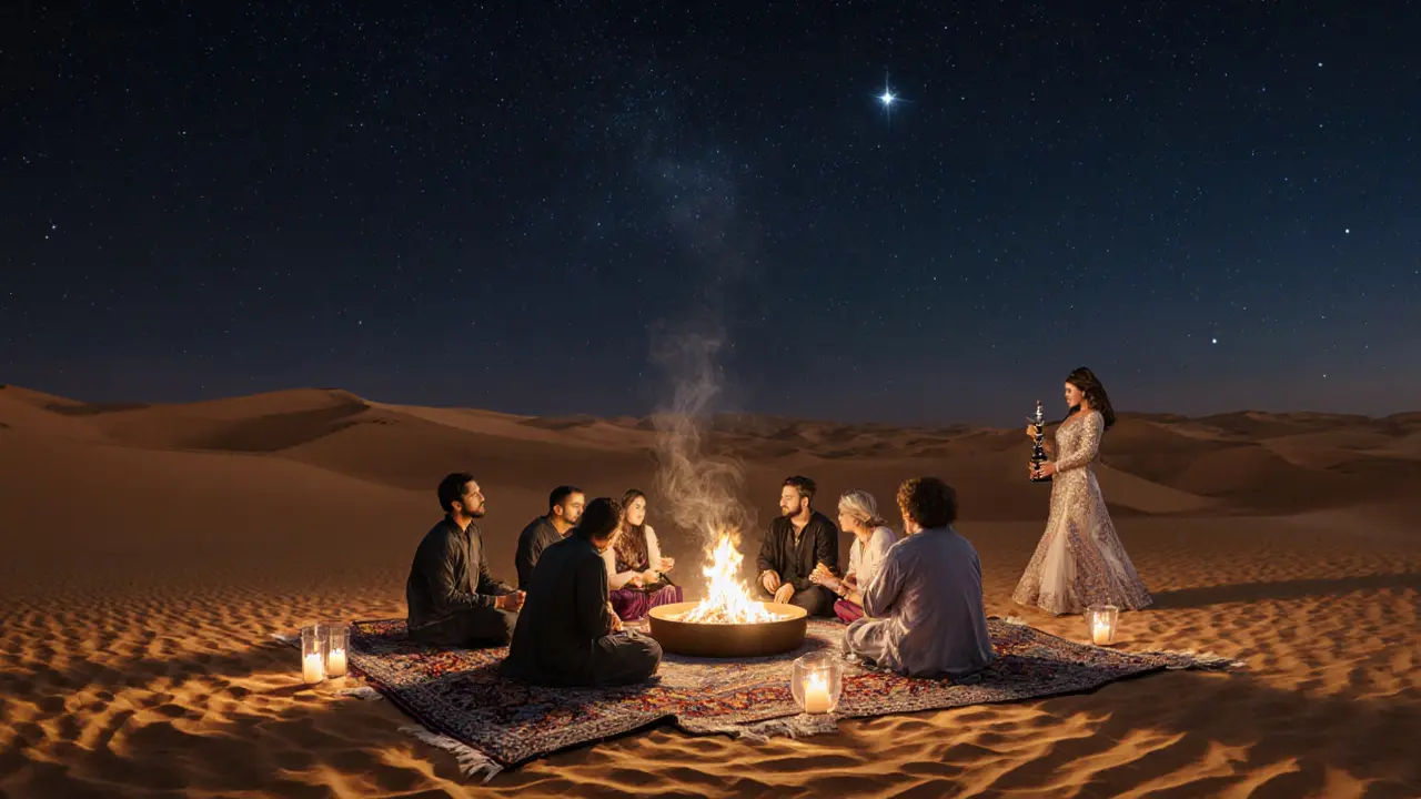 Desert night under stars with firepit, shisha, and traditional music beside golden dunes.