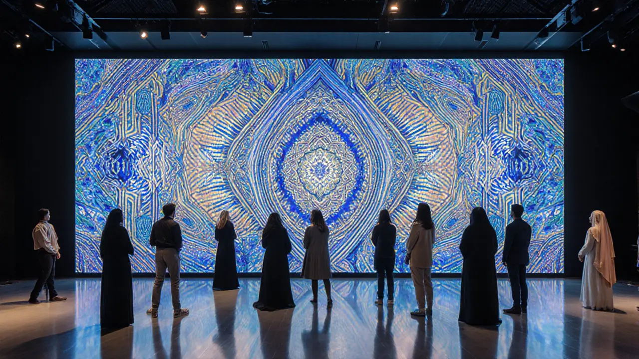 Digital projection of Bedouin weaving patterns transforming into generative art on a massive wall at an art fair.