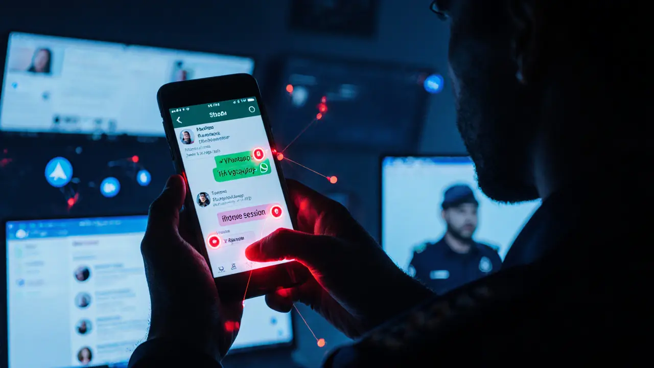 Digital surveillance monitoring encrypted messages with illegal keywords highlighted in red, symbolizing Dubai&#039;s enforcement of escort laws.