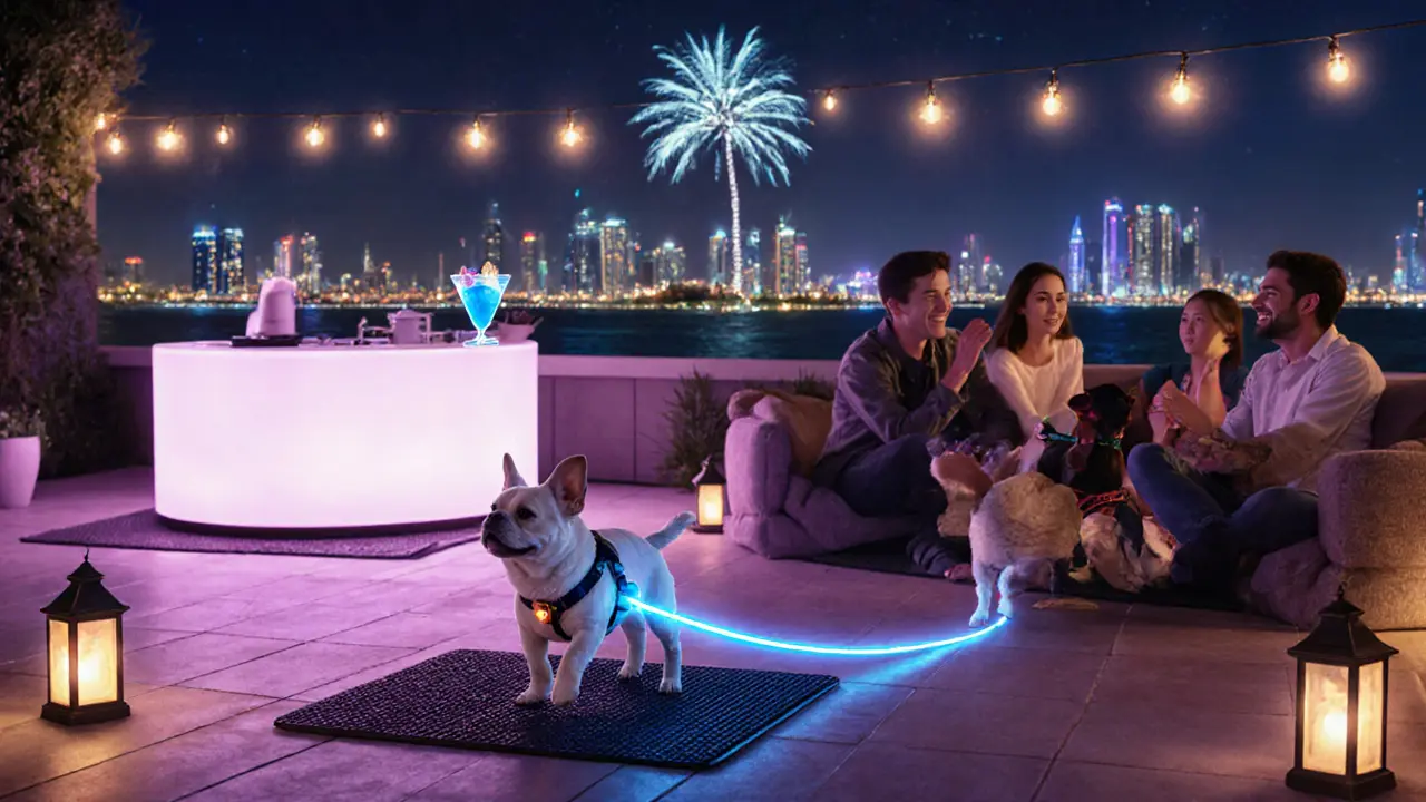 Dog with LED leash walking on rubber mats at a vibrant rooftop bar during sunset, surrounded by lights and cocktails.