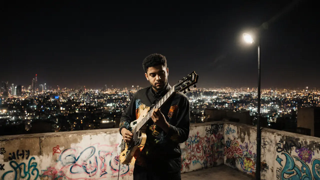 Emirati musician performing electric guitar with traditional sounds on a rooftop in Alserkal Avenue, city lights behind.