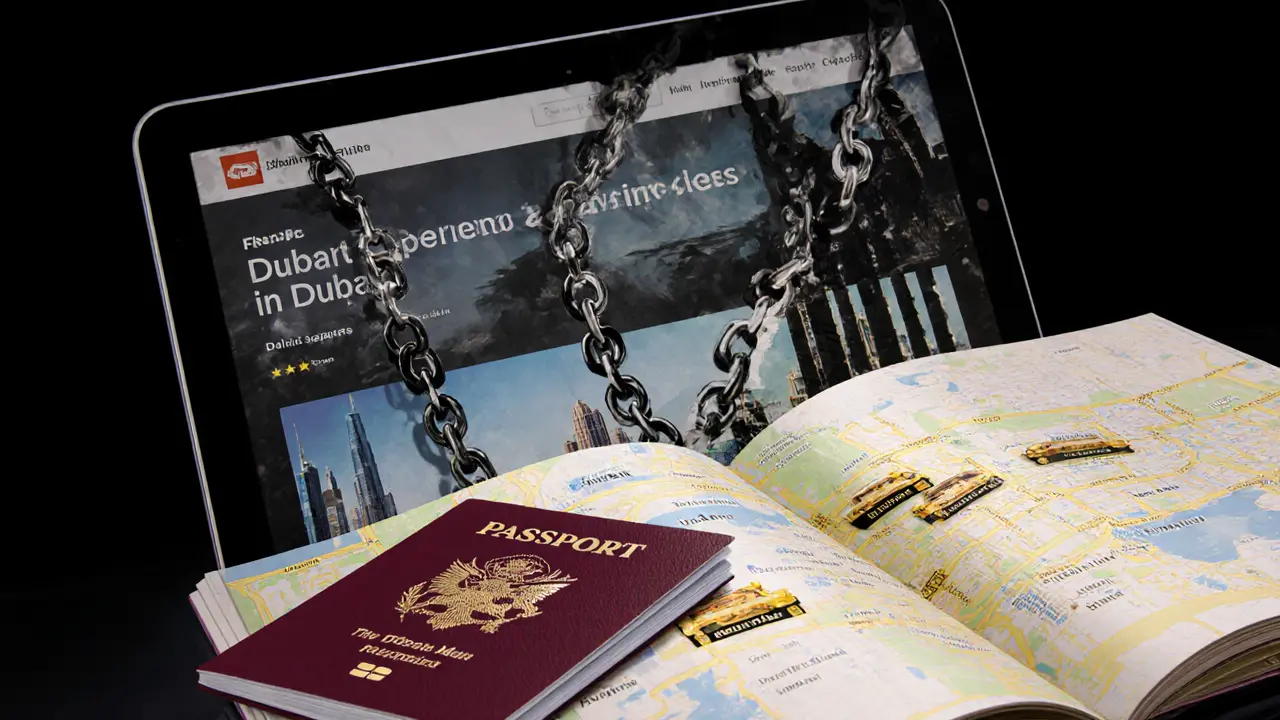 Fading online ad for illegal services turns to prison bars, passport and safe tourist landmarks in foreground.