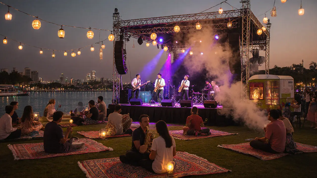 Families enjoying jazz music at Dubai Jazz Festival with food trucks and lanterns glowing in the twilight.