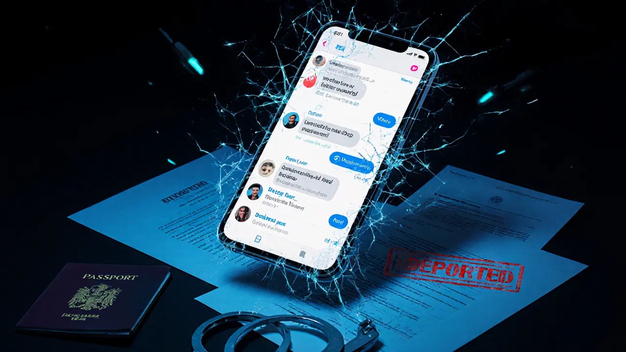 Floating smartphone with dating app interface, surrounded by handcuffs and deportation stamp.