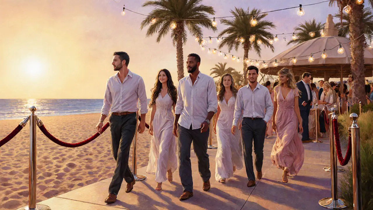 Friends walking toward a beachside club at dusk in JBR, dressed stylishly