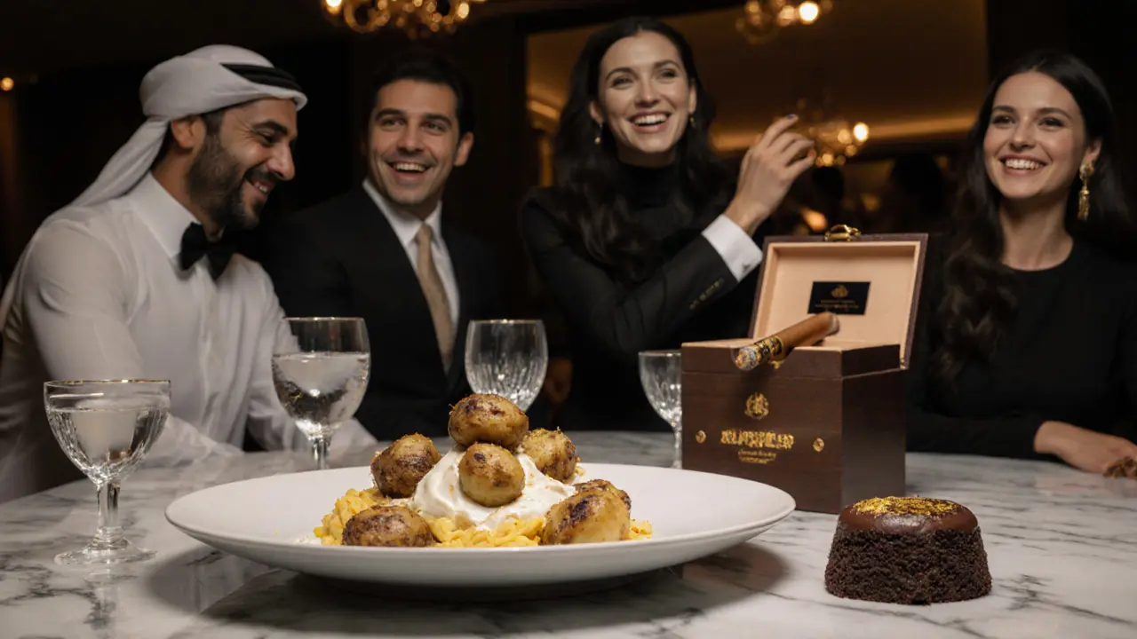 Gourmet Italian dishes with gold leaf dessert and cigar on marble table, surrounded by elegant silhouettes in a luxurious nightclub setting.