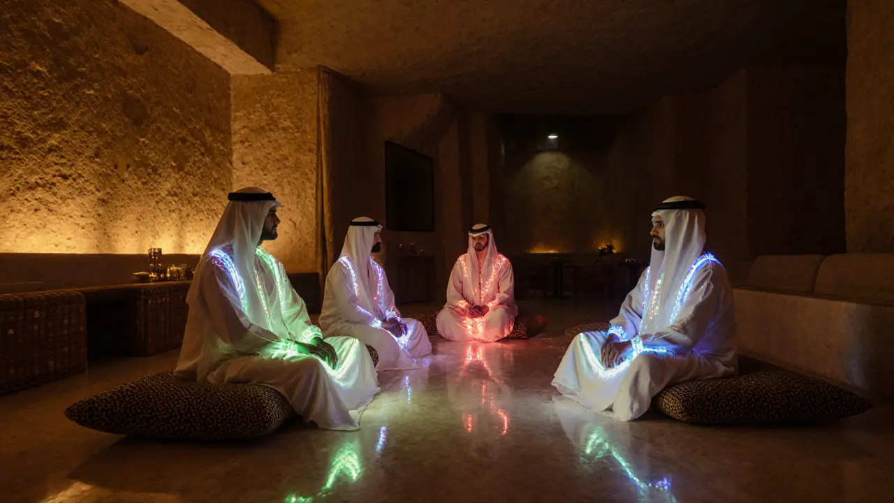 Guests in smart abayas with pulsing LED threads enjoy music blending Emirati folk and deep house in a cozy lounge.