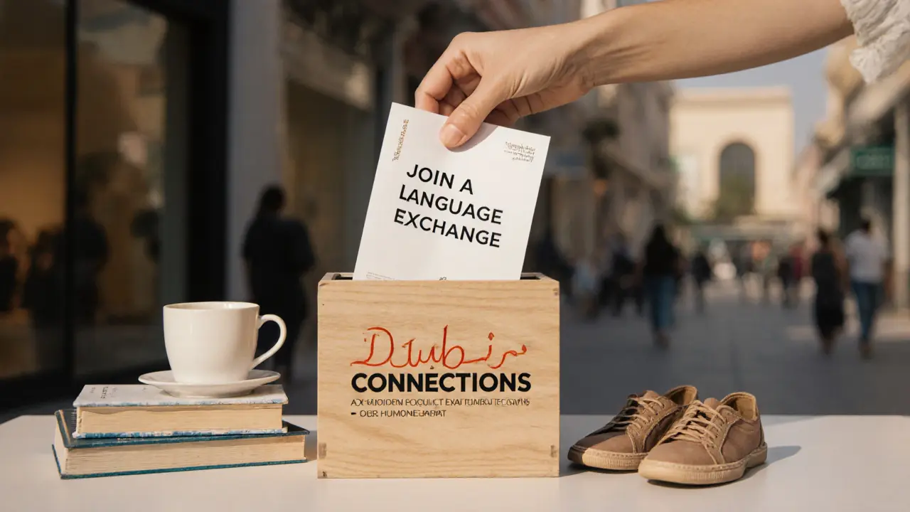Hand placing a community event flyer beside coffee and shoes, symbolizing authentic connection in Dubai.