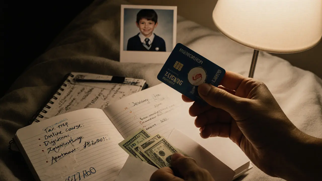 Hands placing cash into a savings envelope, with notes for education and a family photo nearby.