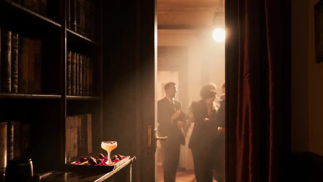 Hidden bar entrance behind a bookshelf, warm light spilling out, no signs, mysterious atmosphere.