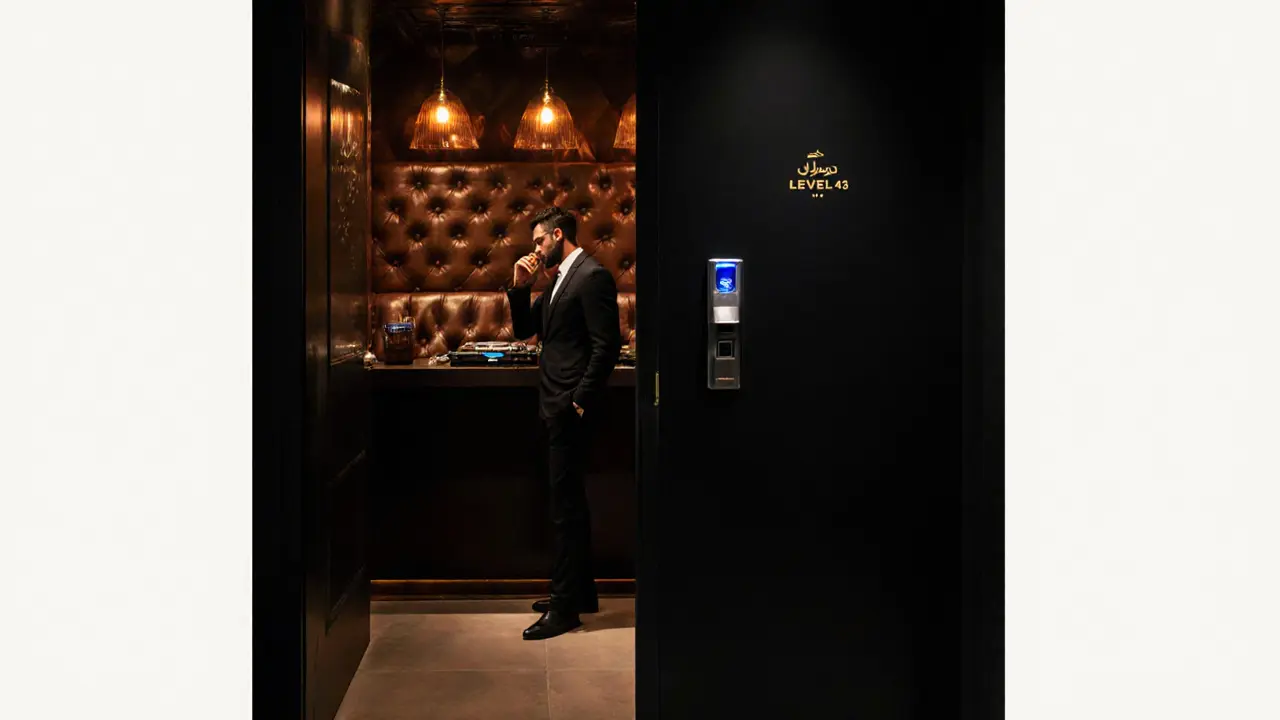 Hidden entrance to Level 43 nightclub with a fingerprint scanner and dim ambient lighting.