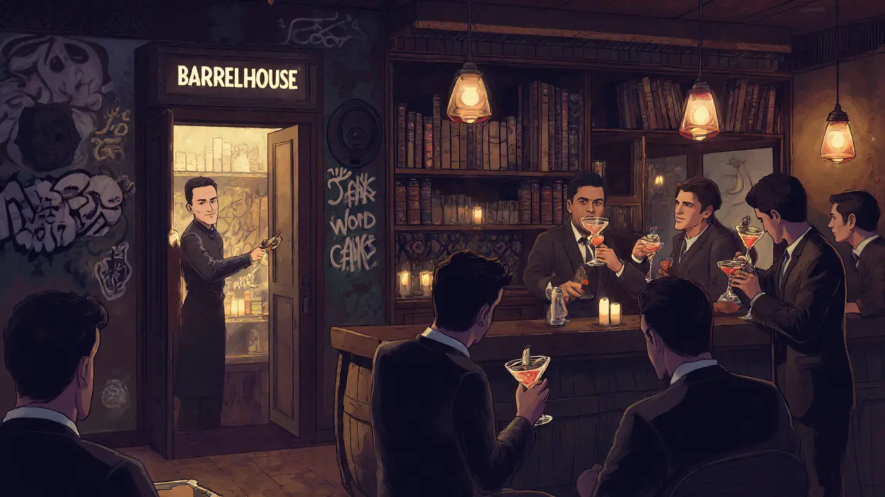 Hidden speakeasy bar behind a fridge door, dimly lit with patrons sipping unique cocktails and graffiti-covered walls.