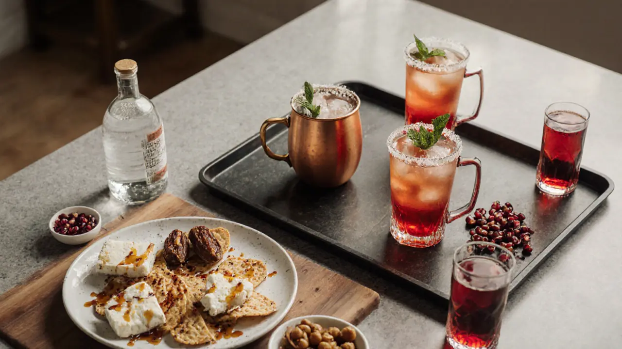 Home bar setup on a kitchen counter with Emirati cocktails and traditional snacks like luqaimat and cheese balaleet.