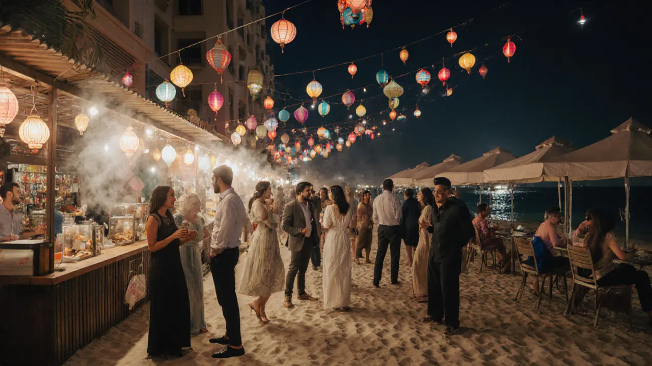 JBR Beach Walk at night with people enjoying street food and drinks under lantern lights.