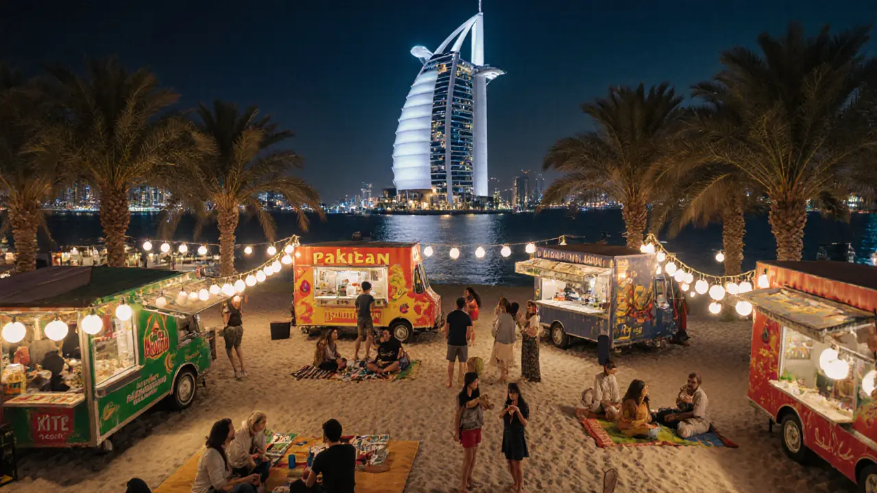 Kite Beach night market under string lights with food trucks, families picnicking, and the Burj Al Arab glowing in the distance.
