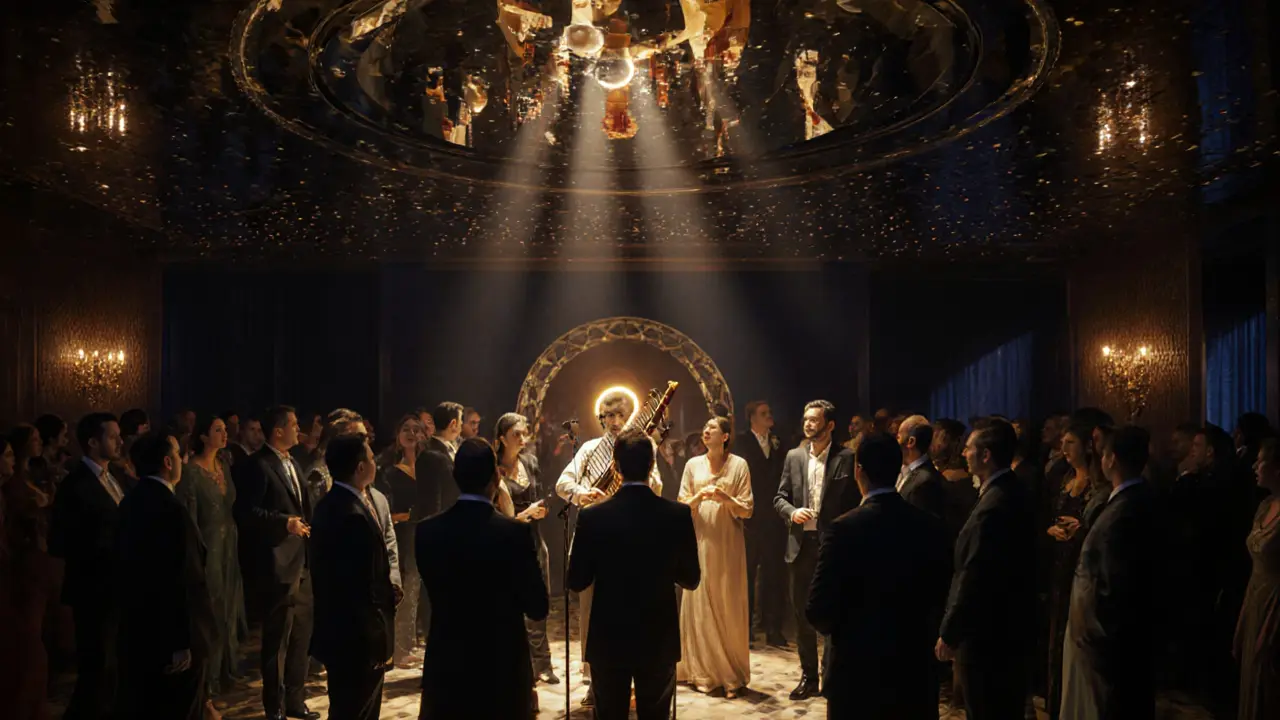 Live Arabic fusion performance on the ground floor of Billionaire Dubai nightclub, guests dressed in refined luxury attire under mirrored ceilings.