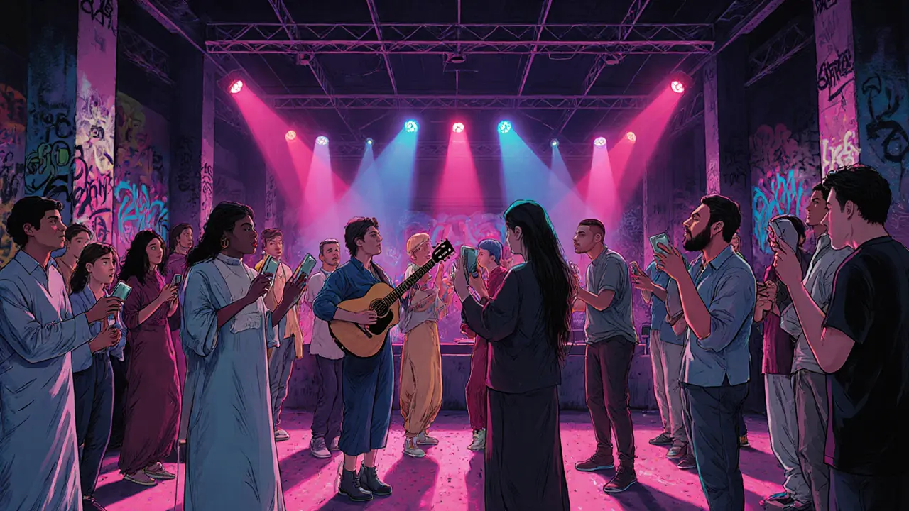 Local musicians performing at Alserkal Avenue with diverse audience enjoying live fusion music.