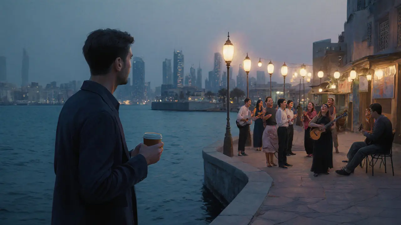 Lonely expat watching a cultural performance at Al Seef promenade at dusk, lanterns glowing softly.