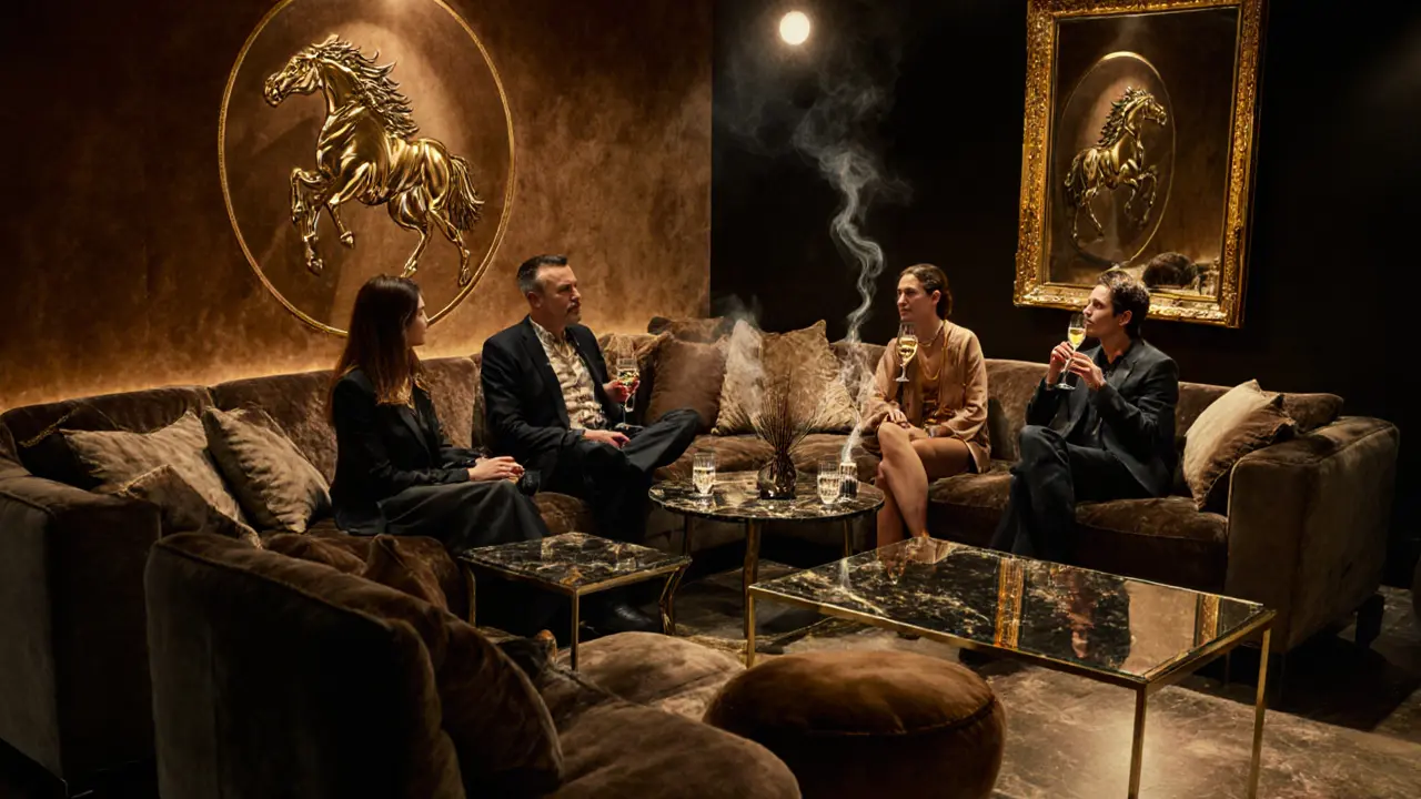 Luxury lounge with guests sipping champagne at marble tables in soft golden light.