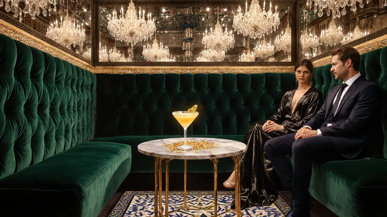 Luxury VIP booth inside Cavalli Club with velvet seating, crystal chandeliers, and a golden cocktail on marble.