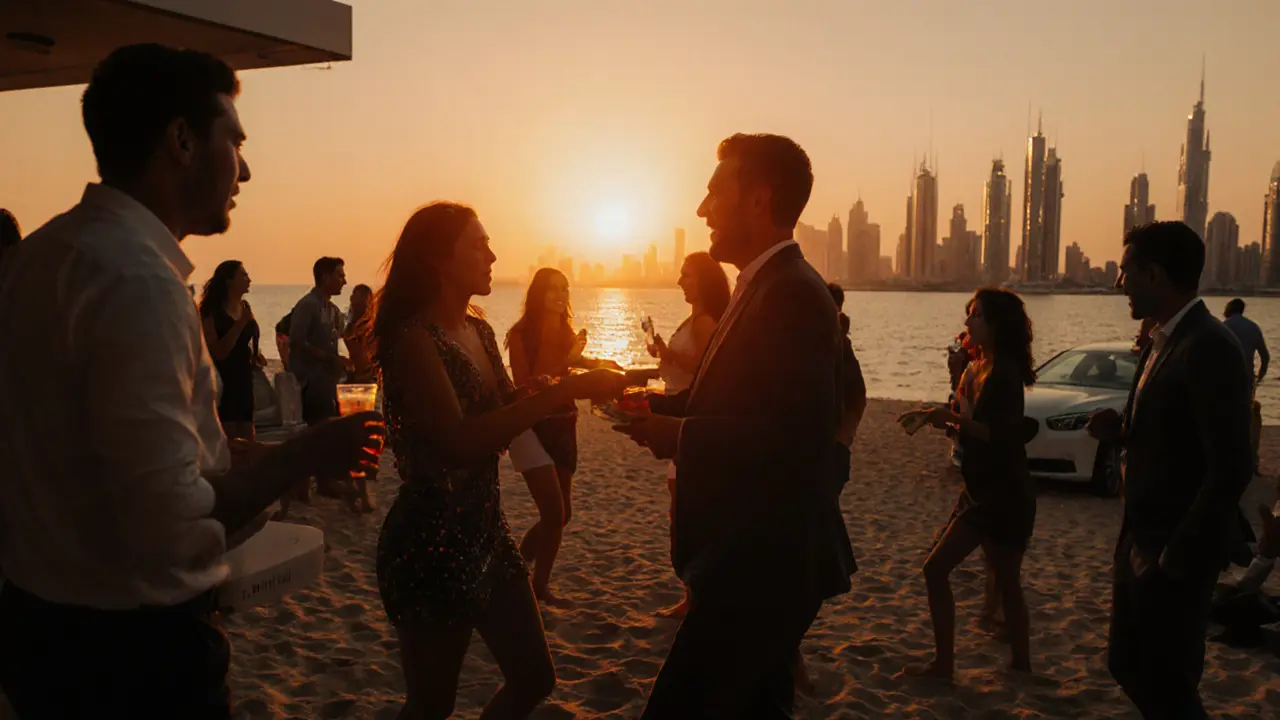 People dancing at a beach club at sunset with Dubai Marina skyline glowing nearby.