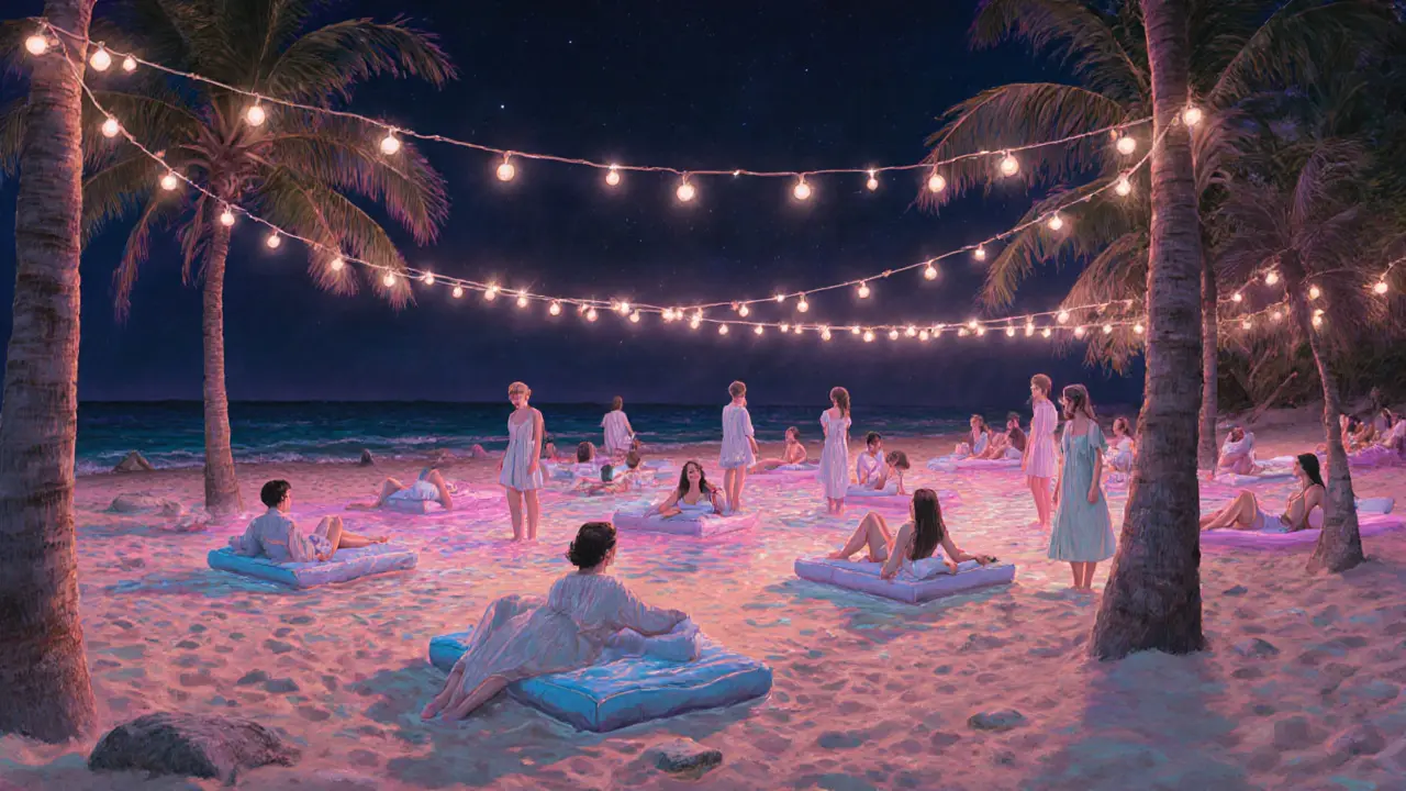 People floating on water beds at a beach club under string lights, sand and palm trees around them.